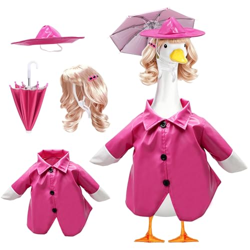 4 Pcs Porch Goose Raincoat with Wigs, Outfits and Clothes, Spring Summer Goose Statue Raincoat Costume, 23" Geese Statue Clothes for Patio Yard Lawn Outdoor Decor (Pink) - color: Pink