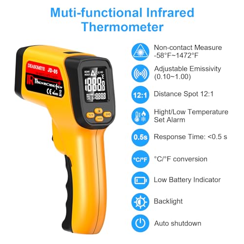 Non-Contact Infrared Thermometer Gun, High Accuracy -58°F to 1472°F, Adjustable Emissivity, Ir Thermometer with Backlit LCD, Over-Temp Alarm, Laser Temperature Gun for Cooking,BBQ,HVAC - color: Yellow