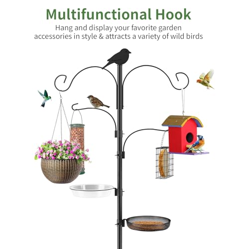 Bird Feeder Pole, 91in 4 Hook Bird Feeding Station Kit with Adjustable Shepherds Hooks, Birds Feeder for Outdoors with Pole 5 Prongs Base Attracting Wild Birds (ATR Deco, Black 91in) - color: Black, style: atr deco
