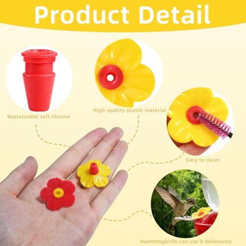 20 Pieces Hummingbird Feeder Replacement Flowers Plastic Hummingbird Feeders Parts Pet Bird Feeder Replacement for Outdoors Hanging Feeders Feeding Ports with 2 Cleaning Brush (Red + Yellow)