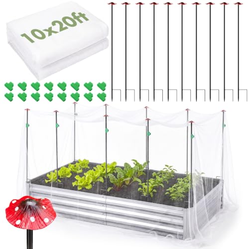 Metal Garden Netting Kit, 10 Pack 2.6ft Raised Bed Net Support Stakes with 10"x20" Fine Mesh Insect Netting 16 Pcs Clips Insect Row Cover for Raised Beds Protect Vegetable Row
