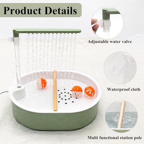 Bird Shower Bath with Waterproof Mat 41×29.5", Adjustable Flow Bird Bath Fountain with Plug Pump, Pet Bird Bath Set with Cleaning Brushes & Bell Toys for Parakeet Cockatiel