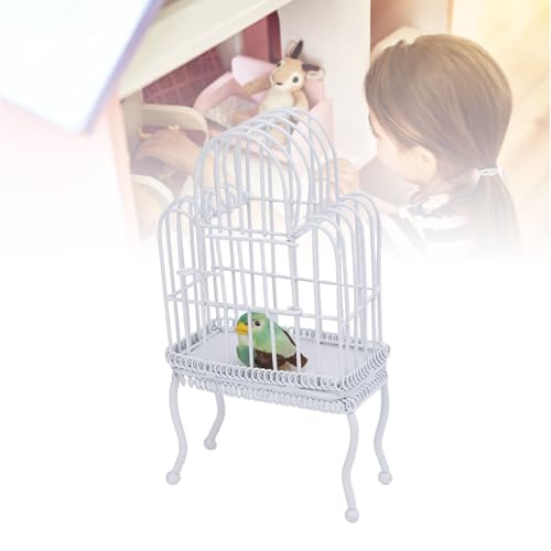 Dollhouse Bird Cage 1:12 Scale Metal Miniature Bird Cage, Realistic Opening Door, Miniature Dollhouse Bird Cage with Artificial Grass Bird Sticker (White)