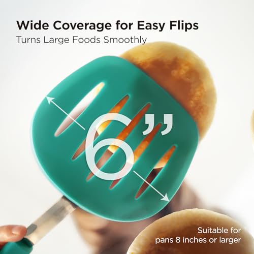Kitchen Mama WaltzGrip Platinum Silicone Pancake Spatula Turner, Teal | Heat-Resistant, Slotted Tapered Head, Stainless Steel Core, Durable and Dishwasher-Safe, For Flipping and Wok Use - color: Teal