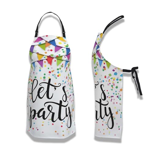 Kitchen Aprons for Men Let’s Party Festive Birthday Home Chef Apron for Women for Cooking Restaurant BBQ Painting Crafting Gardening 27” (W) x 31” (H), Waterproof Apron - color: Let’s Party