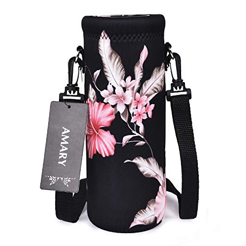 AMARY 500ML Neoprene Water Bottle Carrier Bag with Adjustable Shoulder Strap,Insulated Water Bottle Cover for Stainless Steel/Glass/Plastic Bottles 16.9OZ (Flowers-3) - color: Flowers-3