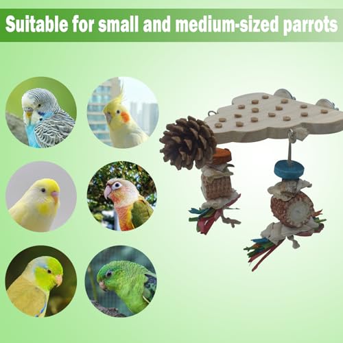 Parrot Toys, Parrot Wooden Toys Long Tailed Bird Toys with Pure Natural Corn Sticks and Pure Natural Pine Cones, Fun Bird Cage Accessories
