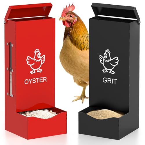 2 Pack Chicken Grit Oyster Shell Feeder, Metal Gravity Feeder with Lid | Wall Hanging Chicks Food Dispenser Chicken Coop Accessories for Hens Ducks Pigeons, Red+Black - color: Red + Black
