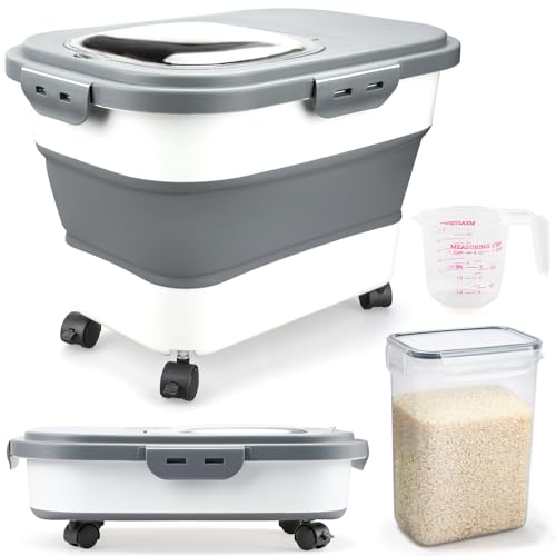 Rice Storage Containers, Collapsible 20 to 30Lbs Food Storage Bin Dispenser with Rolling Wheel and Clear Airtight Lid, BPA Free Flour, Sugar, Cereal and Dog Cat Pet food Containers - color: White