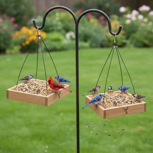 Cedar Wood Platform Tray Bird Feeder 12” - Hanging Bird Feeder for Outside Outdoor - Stainless Steel Cable Mesh Base - Weather Proof Birdfeeder for 10 Years - Longtime Outdoor Lasting Heavy Duty