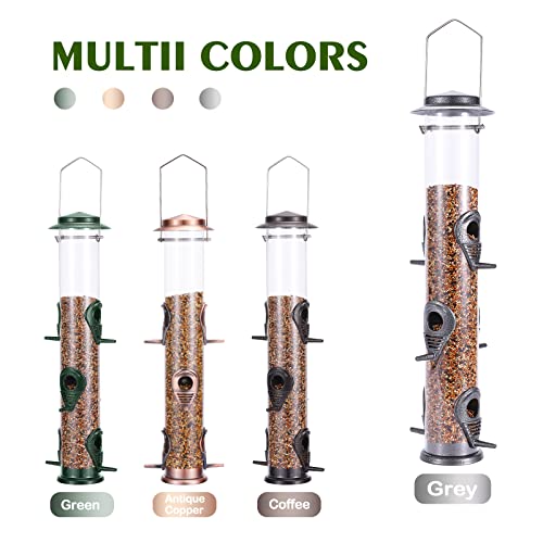 Metal Bird Feeder Tube Hanging Wild Bird Seed Feeder Aluminum Six Port Bird Feeders,1.4 mm Extra Thick Solid Tube Transparent with Steel Hanger Great for Attracting Birds (Grey 2PK) - color: Grey 2PK