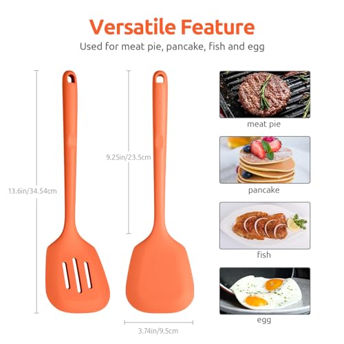 U-Taste 600ºF Heat Resistant Silicone Turners, 13.6in Long Solid & Slotted Kitchen Spatula, and 18/8 Stainless Steel Square Measuring Spoons Set of 8 (Orange+Silver)