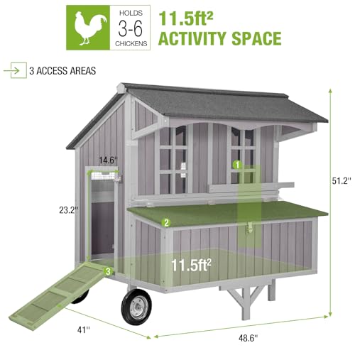 GUTINNEEN Chicken Coop with Wheels Portable Wooden Large Dock Coops for 6 Chickens 3 Perches 3 Nesting Boxes, Hen House for Backyard Garden 48.6"