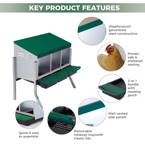 3 Hole Chicken Nesting Boxes, Weatherproof Galvanized Steel Chicken Egg Laying Box with Automatic Rollout Egg Collection, 2-in-1 Handle Perch, Easy Clean & Quick Assemble for Chicken Coop - color: Green, size: 30.7"L x 20.1"W x 20.1"H