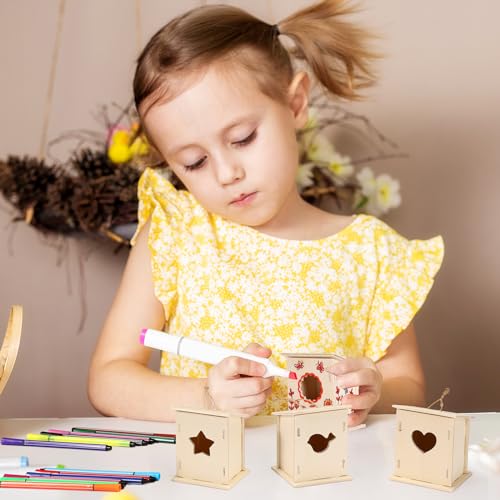 Outus 12 Pcs Wooden Birdhouse Craft Kits to Build, 4 Shapes Wooden Unfinished Bird House with Butterfly Sticker for and Arts Crafts Bulk Painting Kits(Stylish) - style: Stylish