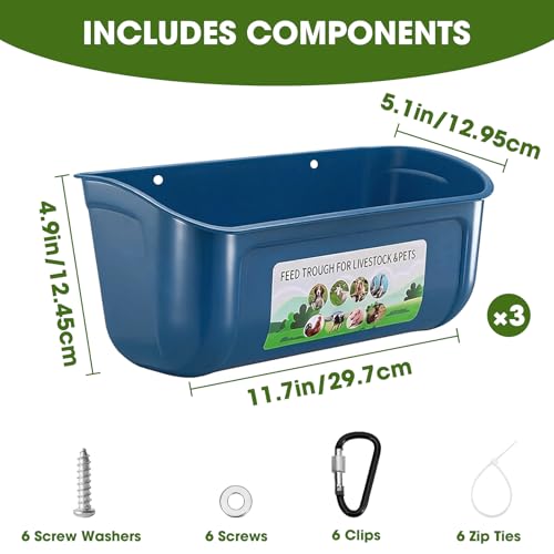 3 Pack 6 Quart Chicken Duck Feeder Trough, Blue | Fence Mount Hanging Feeder with Clips; Fits Chicken, Duck, Geese, Turkeys, Goats & All Farm Livestock Coop Feeding - color: blue