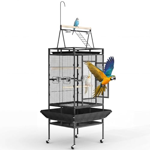 Extra Large 82" Parrot Cage with Play Top – Heavy Duty Wrought Iron Aviary, Rolling Stand, Secure Lock, Easy-Clean Removable Tray, Rope Perch – Spacious Bird Enclosure for Large Birds