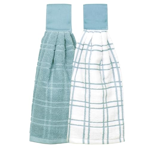 Ritz Premium 100% Cotton Solid and Multi Check Kitchen Tie Towel, Absorbent, Super Soft, and Fast Drying Hang Towel, Set of Two, Dew - color: Dew, size: Solid & Multi Check - 2 Piece