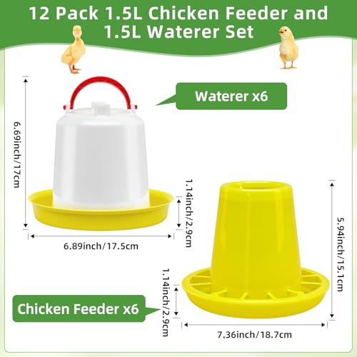 Funnymoom 12 Pack 1.5L Baby Chicken Feeder and Waterer Set Top Bird Small Poultry Feeding for Pigeon Chick Drinker Duckling Quail Feeding Dispenser (Yellow)