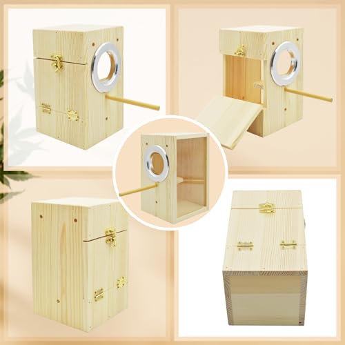Parakeet Nesting Box,Transparent Bird Nest Boxs Natural Wooden Breeding Box with Coconut Fiber,Birds Cage House with Perch for Canary Budgies Gouldian Finch Cockatiel Conure and Other Small Birds