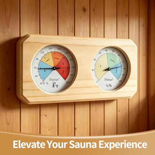2-in-1 Sauna Thermometer Hygrometer, Finnish Pine | Color Coded Comfort Dial, Solid Wood Craft, °F/°C Dual Scale, Battery-Free Wall Mount, Fits Steam & Home Sauna