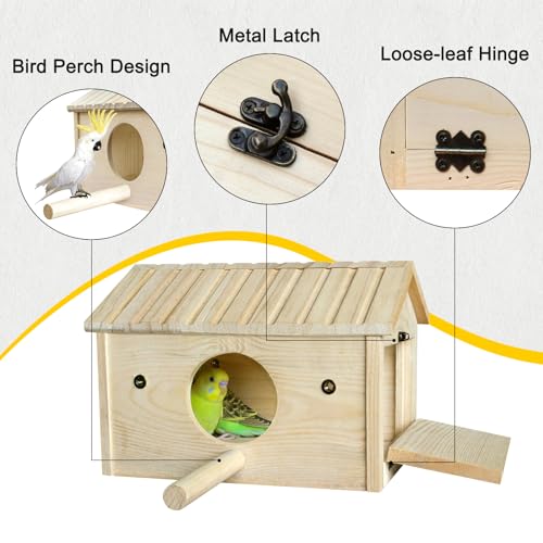 HiCaptain Bird Nesting Box Wooden Cockatiel Breeding Nest for Cages, Large Parakeet Nest Box Lovebird House Budgie Breeding Box (Wood)