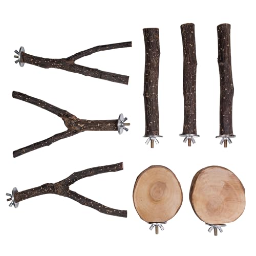 8PCS Bird Perches Set Natural Apple Wood Bird Cage Accessories Wooden Parrot Stand Hardwood Branches for Parakeets, Budgies, Cockatiels Small Bird Habitat Gym, Climbing Stand & Safe Chew Toys