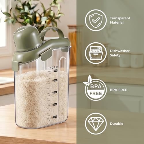 UFORU Cereal Container Storage,Rice Dispenser with Airtight Lid for Kitchen | Clear food storage container with easy pour design for rice, cereal, grains, flour, keeping pantry shelves neat and organized - color: 3L Green