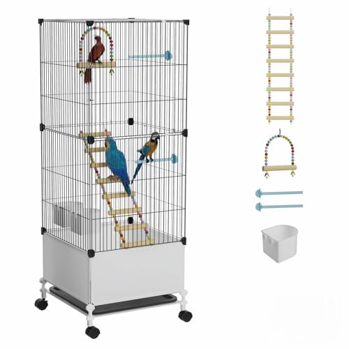 STILLCOVE Medium Flight Bird Cage, with Bowls & Perches & Ladder & Swing | with Removable Tray, Universal Wheels, Birdcage for Parakeet, Parrot, Cockatiel, Conure, Budgie, Canary, Finch, Lovebird - size: 14.2"L x 14.6"W x 39.4"H