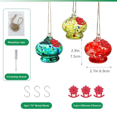 QFkris 3 Pack Small Glass Hummingbird Feeder for Outdoors Hanging | 3.2" Blown Glass Humming Bird Feeder with Flower Feeding Ports for Outside, Garden Backyard Decor, Gifts for Women - color: Multi