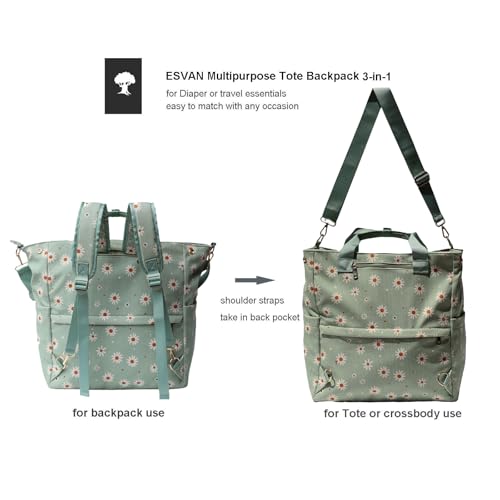 Diaper Tote Bag Totepack Backpack Crossbody Bag 3 in 1 for Women Laptop Backpack Multifunctional with Insulated Pockets - color: Corduroy Matcha Daisy