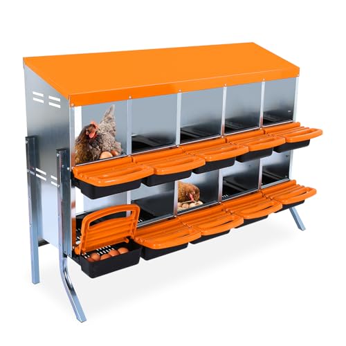 2-Tier Chicken Nesting Box, 10 Compartment Metal Nesting Box for Chickens with Waterproof Roof, Non-Slip Stable Base, Heavy Duty Chicken Laying Boxes for Hens, Poultry - color: Orange, size: 32.1"L x 16.9"W x 26.6"H