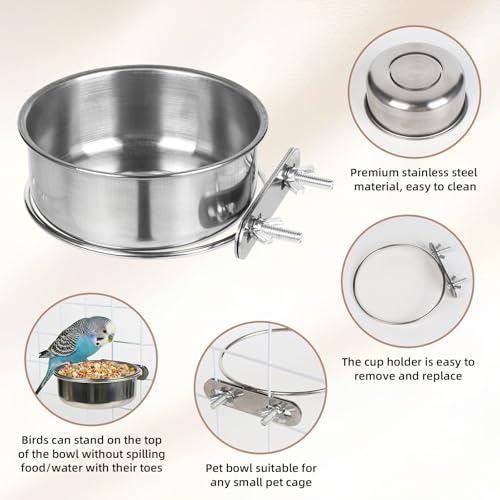 Pet Cage Bowls, 2 Pack Stainless Steel Pet Hanging Bowl, Bird Food Water Bowl for Cage, Crate Dog Bowl, Parrot Feeding Cups for Chinchilla Finches Puppy Cat Rabbit Guinea Pig