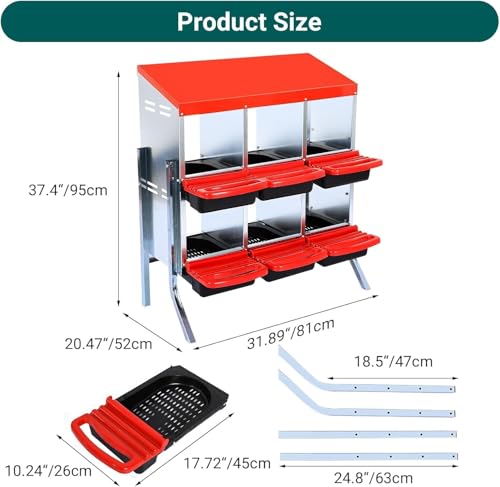 6-Compartment Chicken Nesting Boxes, Metal Hen Laying Boxes with Roll-Away Egg Tray, Lockable Lid, Easy-Clean Design for Coop and Farm - color: Red, size: 37.0"L x 16.5"W x 8.7"H