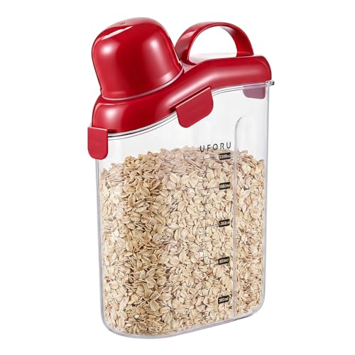 UFORU Cereal Container Storage,Rice Dispenser with Airtight Lid for Kitchen | Clear food storage container with easy pour design for rice, cereal, grains, flour, keeping pantry shelves neat and organized - color: 3L Red