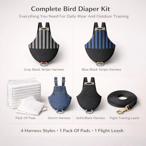 4PCS Bird Diaper Harness Kit with Disposable Pads and Flight Training Leash, Reusable Bird Diaper for Parrots Cockatiels Conures and Parakeets, Adjustable Bird Harness for Indoor Use(L) - color: L
