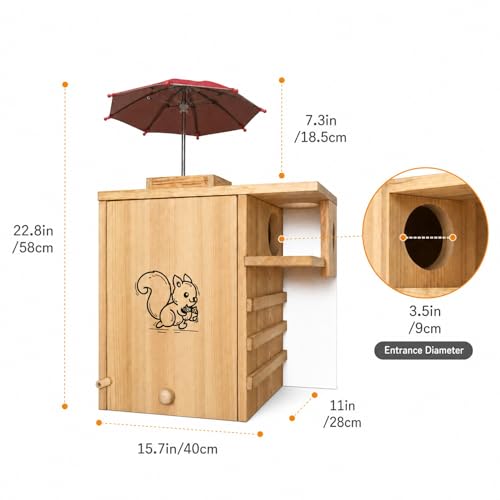 Outdoor Extra Large Wooden Squirrel House Protective Nest Box with Feeder | Natural pine, weatherproof. Backyard shelter for squirrels, chipmunks, birds. Easy mount. Size 24.8x11x15.7in - size: XL
