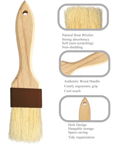Basting Brush-Pastry Brush,Oil Brush for Cooking,Boar Bristles BBQ Brushes for Grill,Beech Wooden Handle Food Brush for Baking/Spreading Marinade/Sauce/Butter/Egg/Kitchen Baster Brushes(1.5 1 inch)
