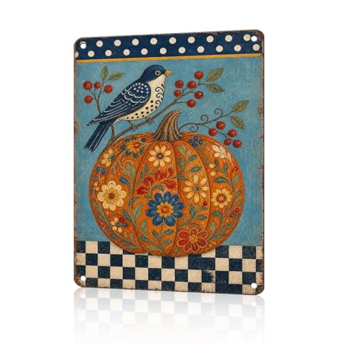 Folk Art Blue Bird Floral Pumpkin Tin Sign Vintage Fall Farmhouse Wall Decor for Kitchen Dining Room Living Room Porch Entryway and Home Decor 16 * 12In - color: Vintage Thanksgiving Tin Sign 17, size: 30X40cm(12*16in)