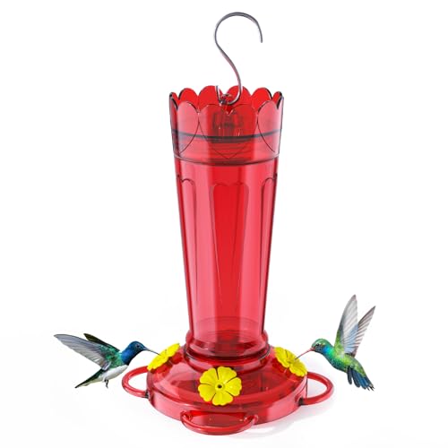 Plastic Hummingbird Feeder 14 Oz Humming Bird Feeder for Outdoors | Ant&Bee Proof Leak-proof Nectar Feeders with 4 Flower-shaped Feeding Ports and Perches, Gifts for Mom, Dad, Grandparents-Red - color: Red, size: 1 Pack