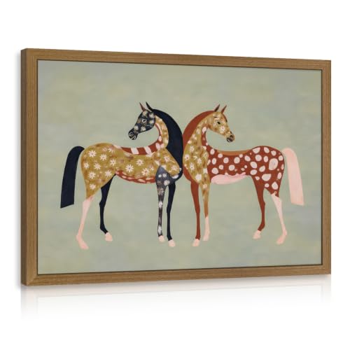 CGXY Vintage Folk Horse Wall Art, Farmhouse Ranch Equestrian Poster Print, Rustic Western Horse Wall Decor, Colorful Patterned Animal Artwork for Living Room Bedroom Wood Framed 12x16 Inch - color: Horse, size: 16"L x 12"W