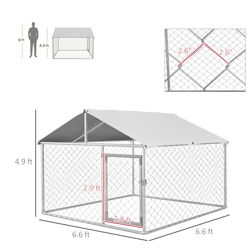 PawHut Outdoor Dog Kennel, Heavy Duty Dog Run Outdoor Fence with Waterproof Cover, Galvanized Chain Link, Secure Lock, for Large Breeds, Chickens, Ducks, 6.5' x 6.5' x 5' | Heavy Duty Dog Run Outdoor Fence, Waterproof Cover, Galvanized Chain Link, Secure