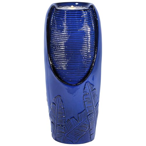 Autodaya 33" H Ceramic Jar Outdoor Water Fountain with Lights, Cobalt Blue | Natural Charm Water Feature with 3D Tropical Leaf Pattern, Soothing Cascading Waterfall for Peaceful Garden Patio Yard Porch - color: 32"h Cobalt Blue New