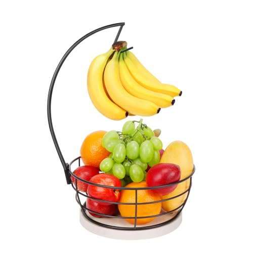 Livabber Countertop Fruit Basket Bowl with Banana Hanger, Modern Standing Fruit Vegetable Bowl Storage, with Banana Tree Holder for Kitchen Dinning Table (Round Marble, Black) - color: Black, style: Round Marble