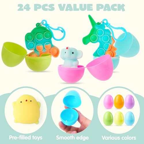 JOYIN 24 Pcs Prefilled Easter Eggs with Assorted Toys, Filled with Mochi and pop Bubble Keychains, Easter Stuffed Toys for Kids to Egg Hunt, Kids Basket Stuffers, Party Favor, Classroom Prize - style: Cute