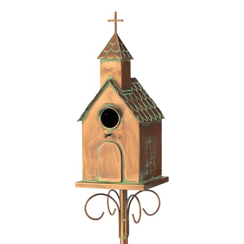Glitzhome Bird House for Outdoors, 53.00" H Farmhouse Faux Copper Distressed Metal Bird House Church Birdhouse Decorative Garden Birdhouse with Stake
