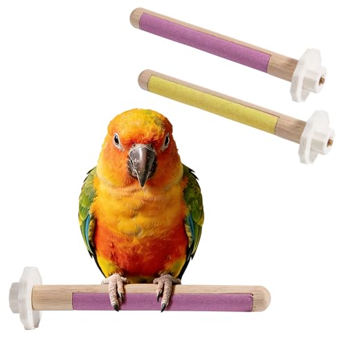 Wooden Bird Perch Stand with Grinding, 2Pcs Parrot Cage Stand Branch, No Hurt Foot Claw Grinding Bird Perch for Cockatiels, Parakeets, Lovebirds - color: Purple+Yellow