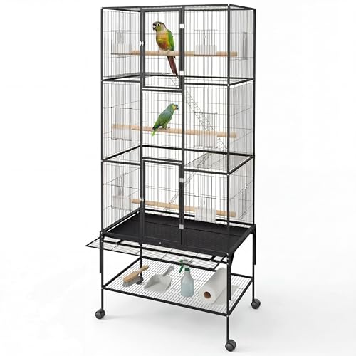 69" H Large Bird Cage, Bird Cage with 3-Tier Platforms, Ladders, Perches, Feeder, Wide Birdcage for Parakeets, Conures, Lovebirds, Quaker, Cockatiels, Budgie, Black - size: 31.5"L x 23.6"W x 65.8"H