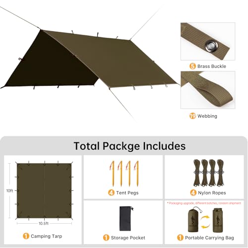FREE SOLDIER Waterproof Camping Tarp Shelter Awning | Lightweight, Compact, Quick Setup, Waterproof Sun Shelter Campingtarp,For Backpacking, Beach, Travel and Outdoor Activities - color: Olive-green 10×10.5ft