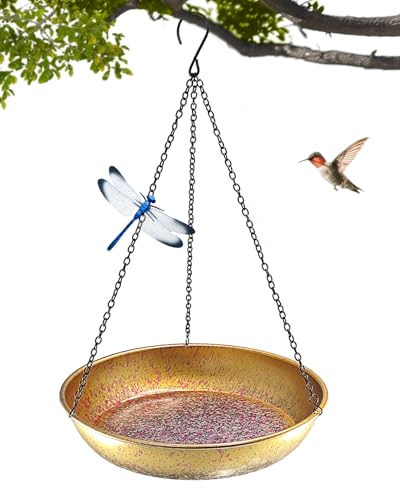 Hanging Bird Bath for Outside Metal Birdbath 11 Inch for Birds to Seed Bathe Drink Decor Bird Bath Gold to Iridescent Pink Gradient Decor for Garden Back Yard Patio Attracts Hummingbirds & Finches - color: Gold Iridescent Pink Gradient